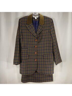 Maggie Lawrence Plaid 2 Piece Skirt Suit Velvet Collar Navy Brown Vintage M / 8